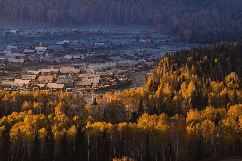 The village among the trees is beautiful in autumn