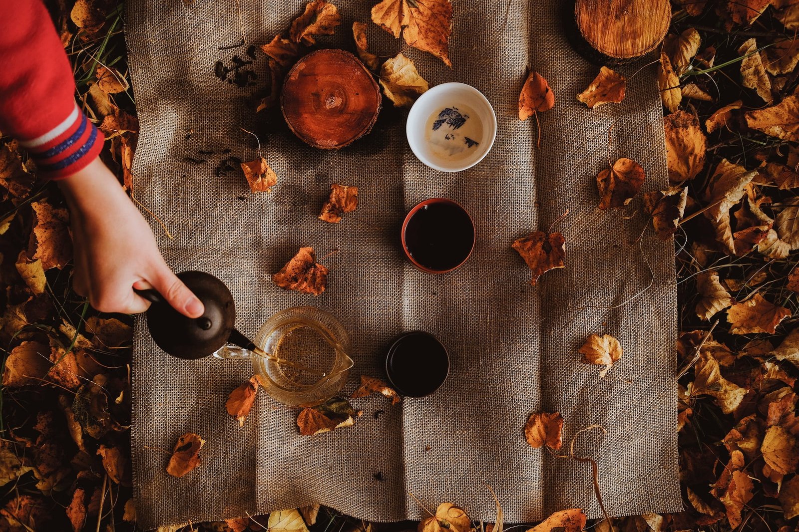 Autumn scene with fallen leaves and a person pouring tea from a teapot into a cup