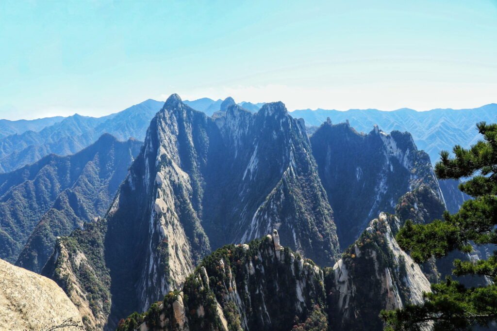 Majestic view of Mount Hua, many towering mountains surrounded by natural beauty