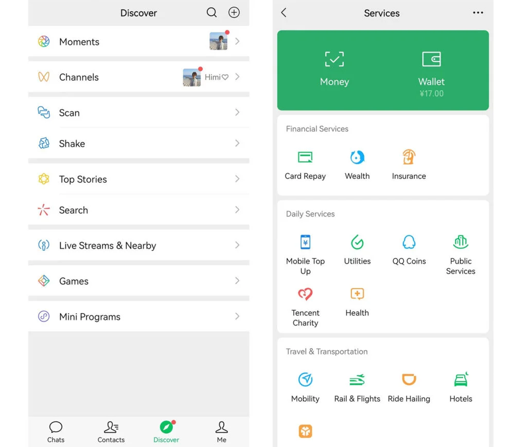 WeChat's Discover and available Services