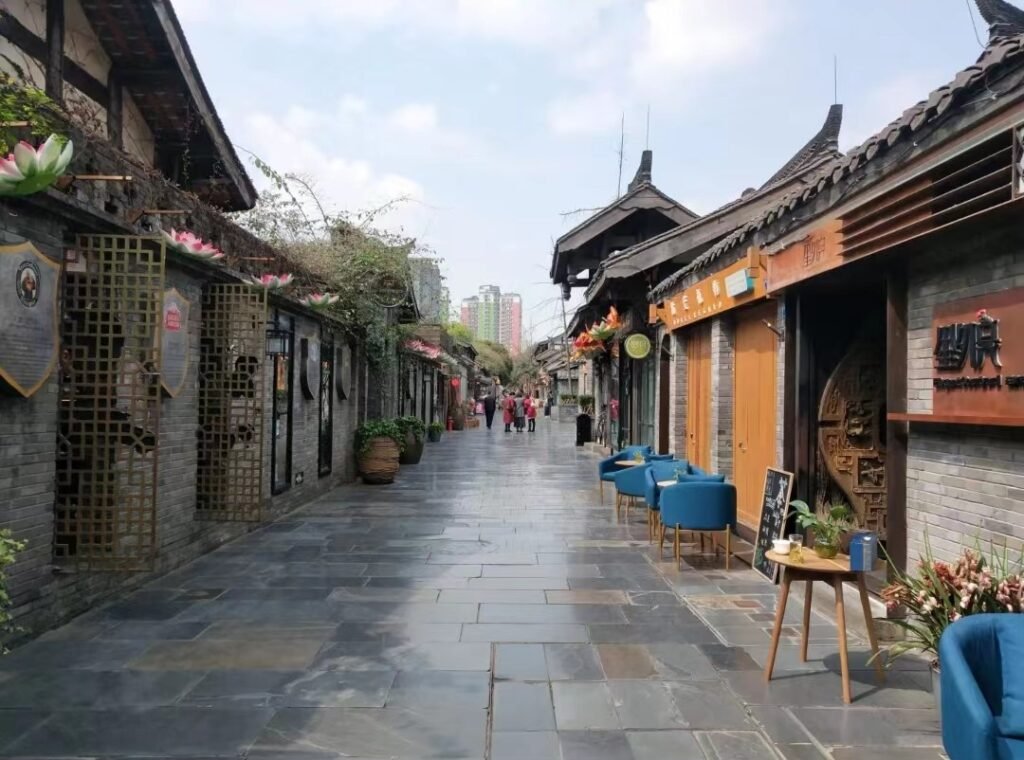 Buildings of ancient Chinese style stand on both sides of the street