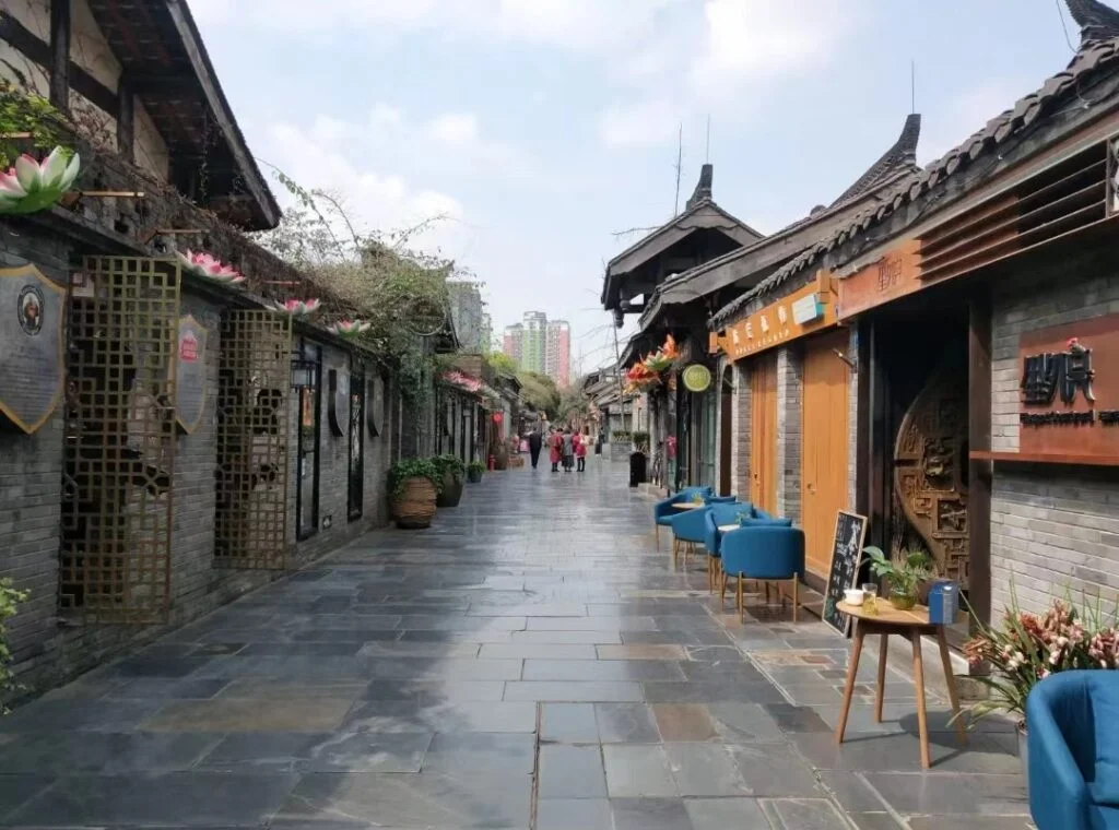 Buildings of ancient Chinese style stand on both sides of the street