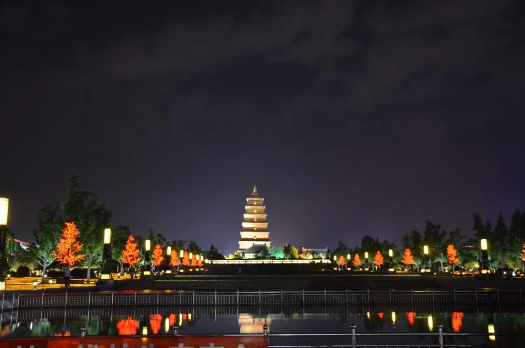 Great Wild Goose Pagoda illuminated at night, casting a beautiful reflection in the water