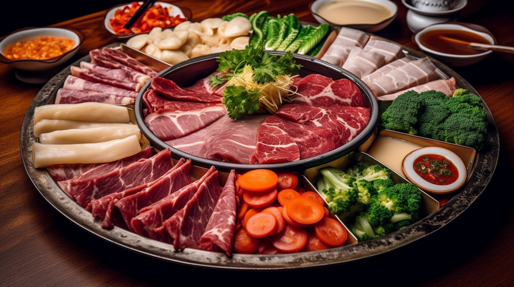 Hotpot platter with lamb rolls and assorted vegetables