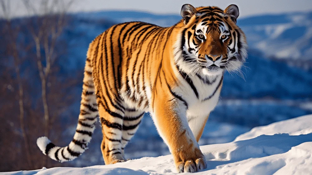 A Siberian tiger is walking on the snow-min