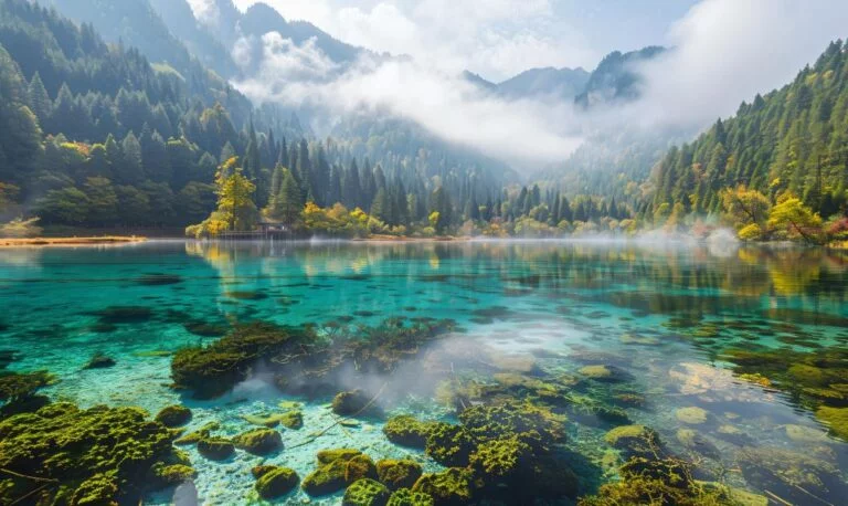 The beautiful Wuhua Lake allows you to clearly see the algae at the bottom of the lake from the water.