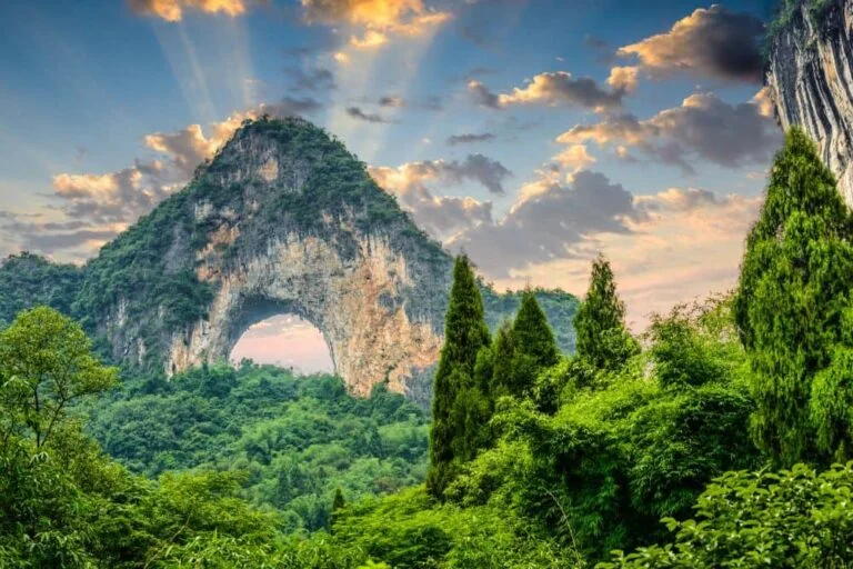 Moon Hill with a Central Arch at Sunset in Yangshuo
