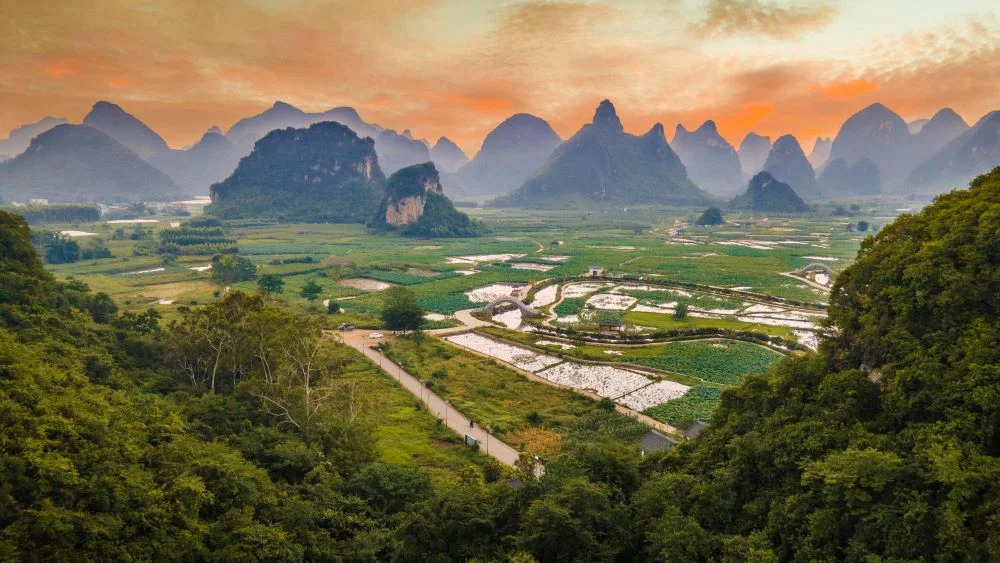 Stunning Aerial Sunset Over Yangshuo's Natural Scenery