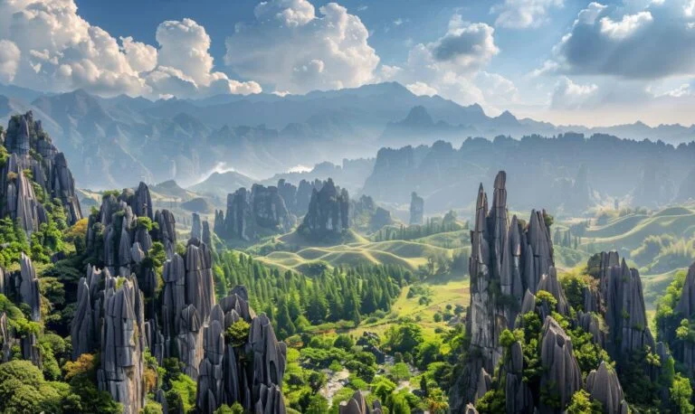 Yunnan Stone Forest Karst landscape with towering limestone formations under a clear sky.
