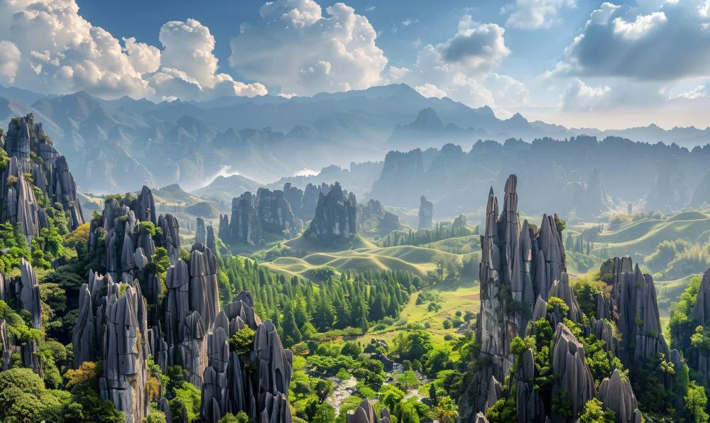 Yunnan Stone Forest Karst landscape with towering limestone formations under a clear sky.