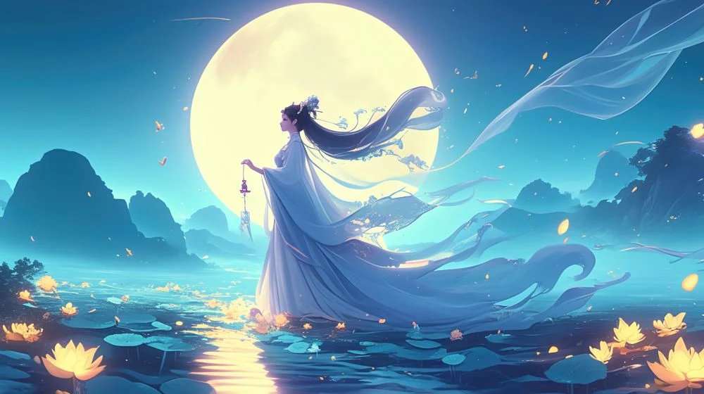 A serene scene of Chang'e standing on a lotus-filled lake, with a large glowing moon in the background
