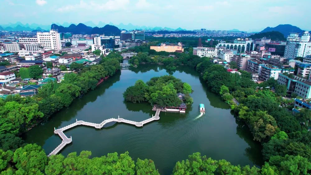 Aerial view of Two Rivers and Four Lakes with a small island in the center