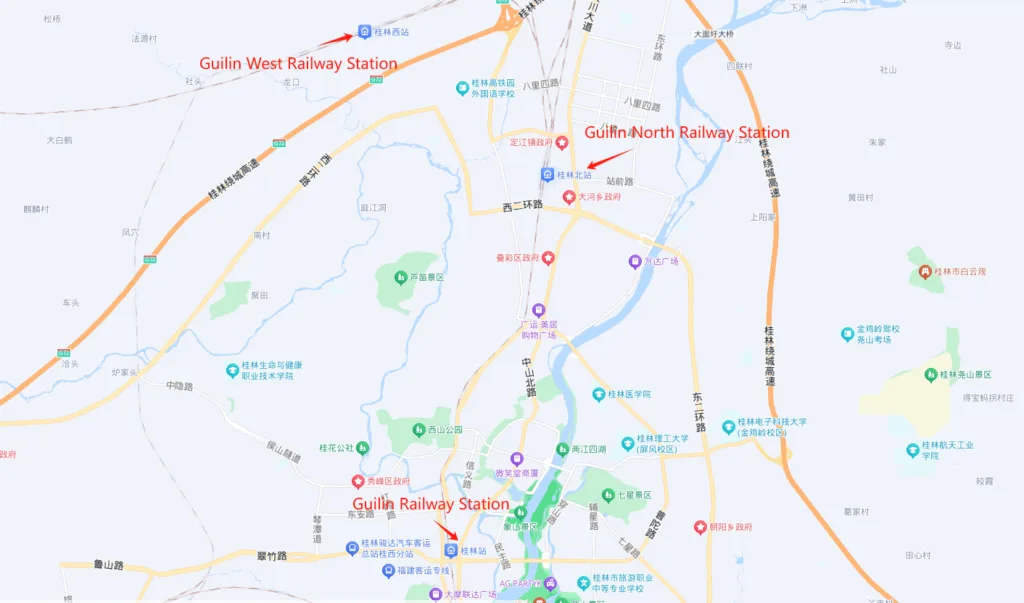Map displaying the locations of Guilin North Station, Guilin West Station, and Guilin Station