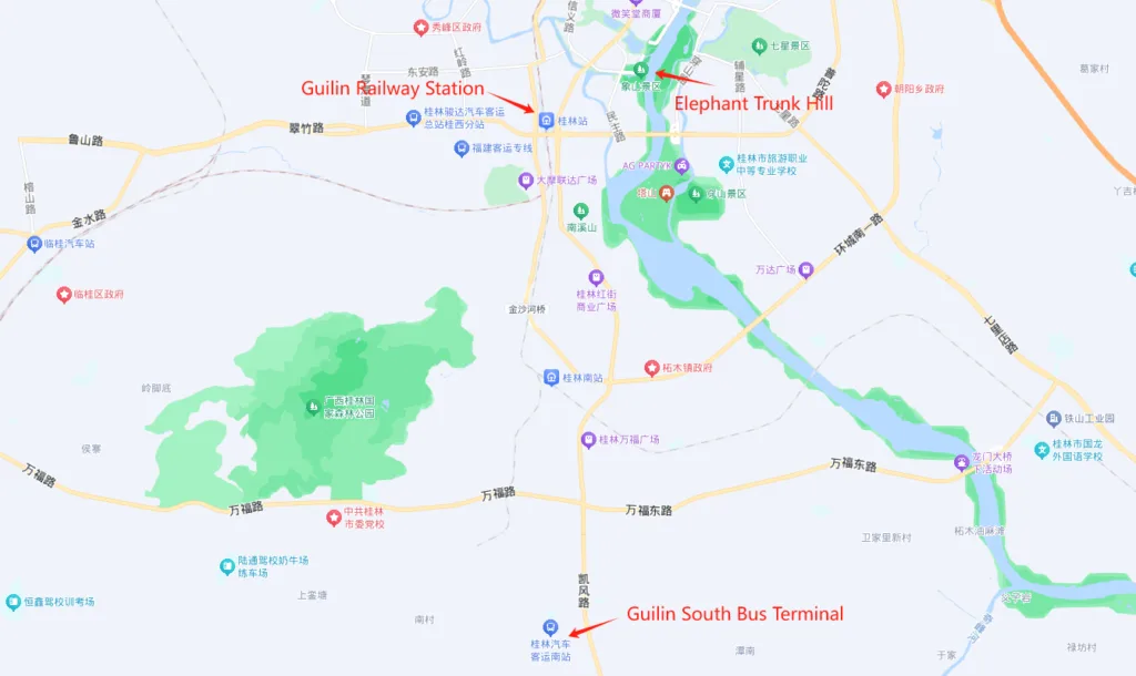 Map illustrating the locations of Guilin Bus Station, Guilin Station, and Elephant Trunk Hill