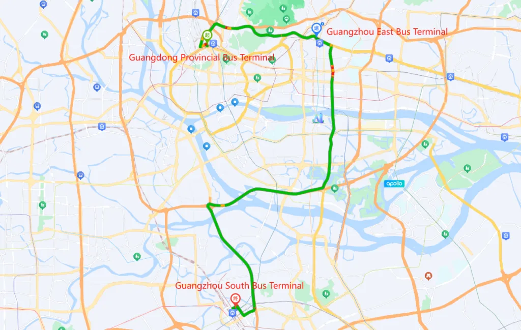 Map indicating the positions of Guangdong Provincial Bus Station, Guangzhou South Bus Station, and Guangzhou East Bus Station