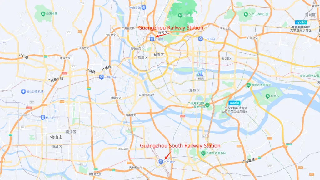 Map showing the locations of Guangzhou South Station and Guangzhou Station