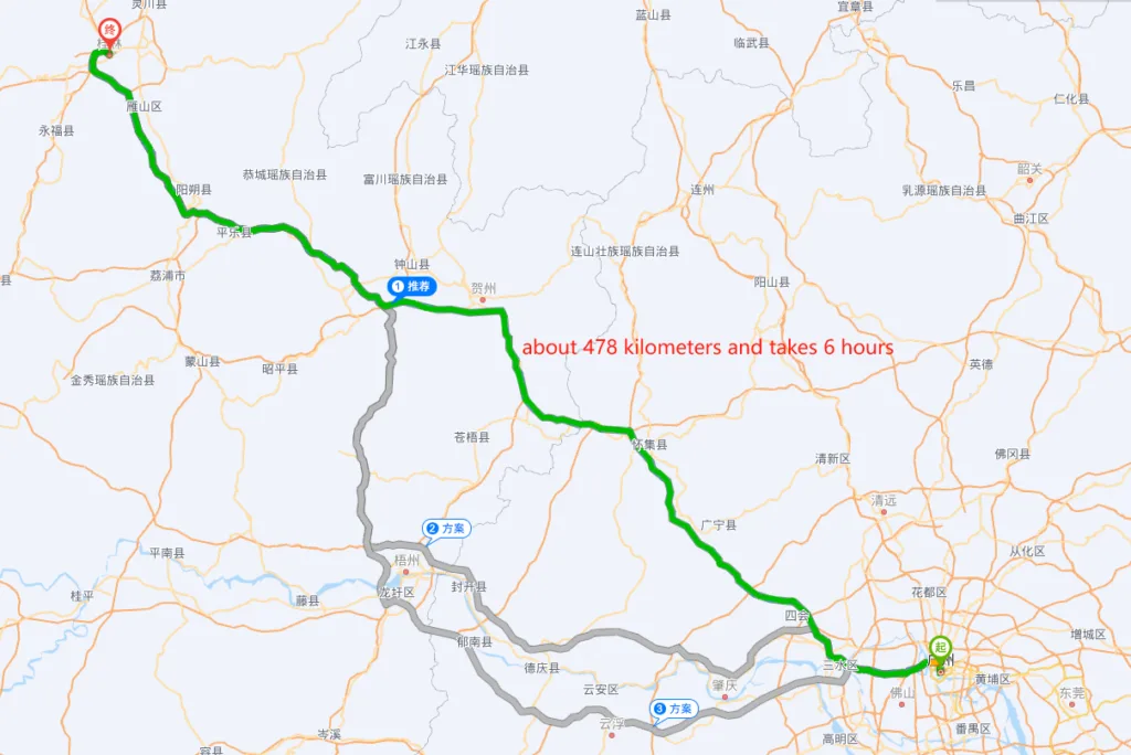 Route from Guangzhou to Guilin for self-driving, shown on a map