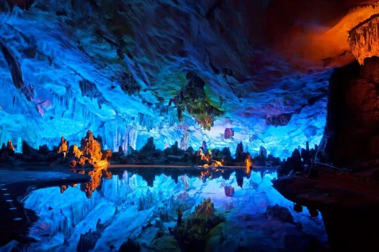 Stunning stalactites inside Reed Flute Cave, resembling an enchanting fairyland