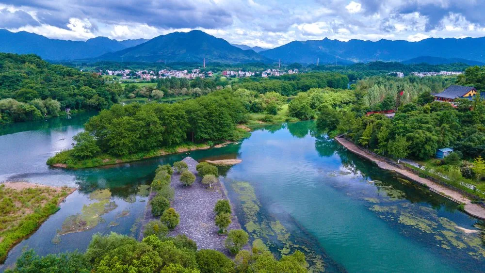 Aerial view of Ling Canal Scenic Area, built by Emperor Qin Shi Huang in Xing'an County, Guilin