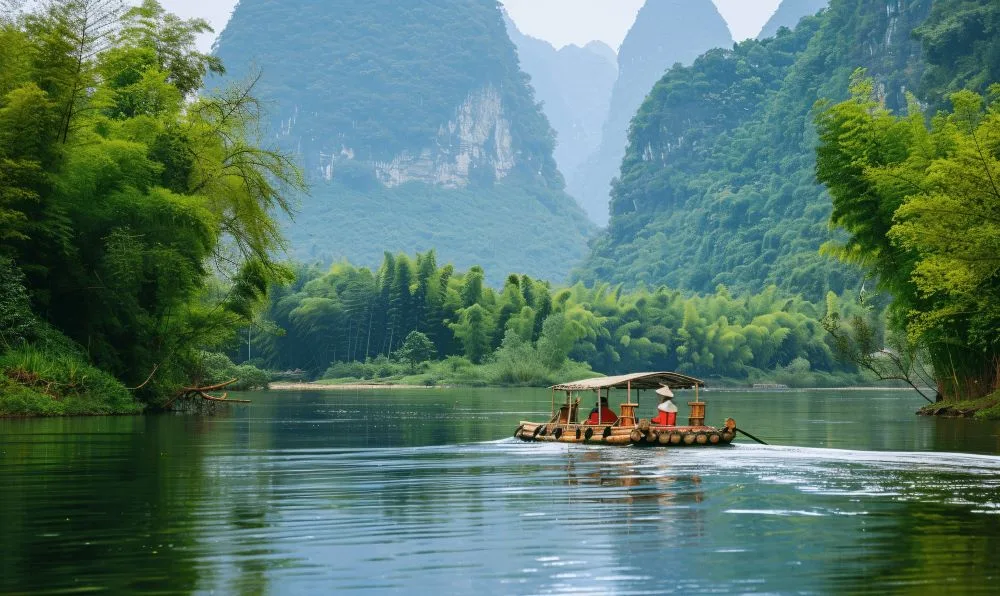Yangshuo Li River in Guilin with a cruise ship on the water