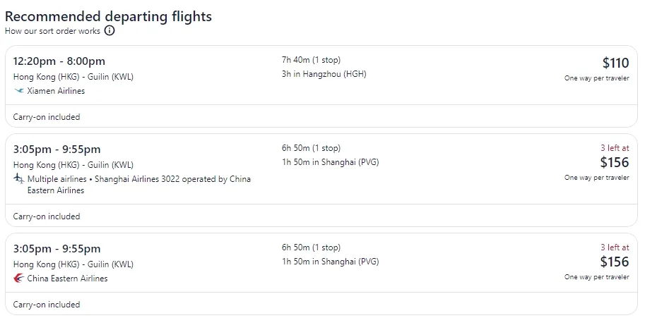 screenshot of Expedia about Hong Kong to Guilin Flight