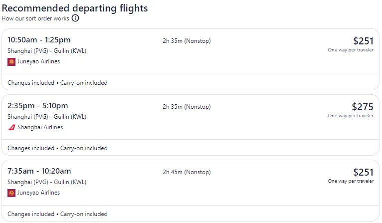 shanghai to guilin flight screenshot by Expedia